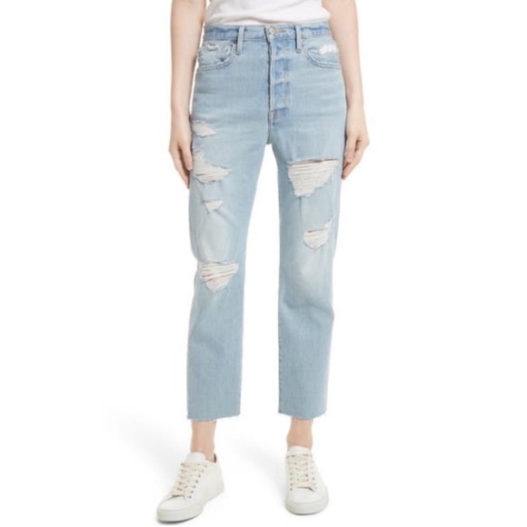 FRAME Denim Le Original Harrah Distressed Straight Leg High Waist Cropped Jean - Picture 1 of 8